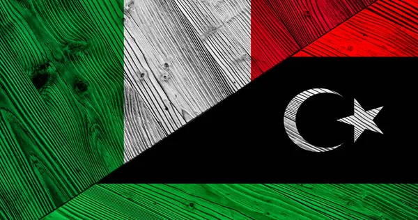 Talya Libya Nın Dekoratif Renkli Bayraklarının Ahşap Arka Planı — Stok fotoğraf
