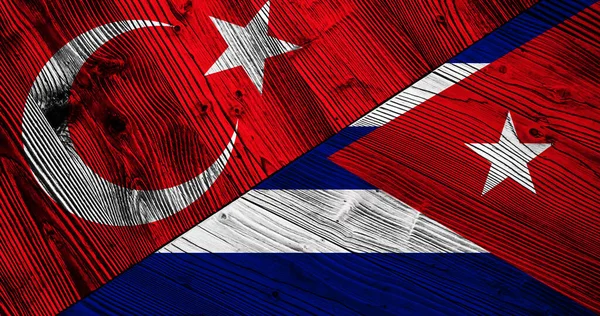 Trä Bakgrund Dekorativa Färgglada Flaggor Turkiet Och Kuba — Stockfoto
