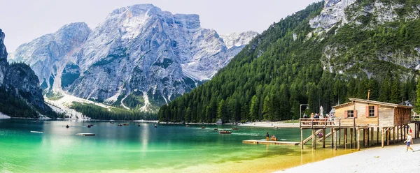 View Lake Braies Alta Pusteria August 2018 Bolzano Trentino Alto — Stock Photo, Image