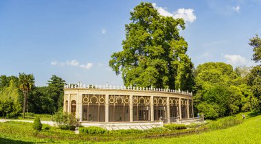 Villa Revedin Bolasco 'nun antik serasının manzarası. 8 Haziran 2019 Castelfranco Veneto, Treviso - İtalya