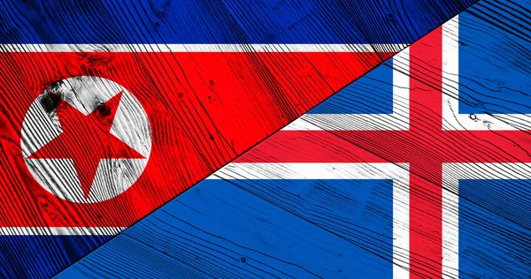 Dřevěné Pozadí Dekorativní Barevné Vlajky Severní Koreje Islandu — Stock fotografie