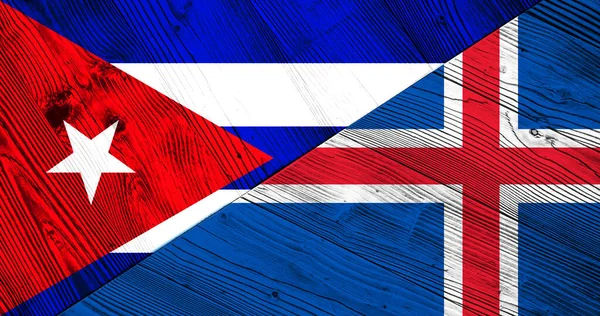 Drewniane Tło Dekoracyjnych Kolorowych Flag Kuby Islandii — Zdjęcie stockowe