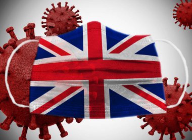 Coronavirus Covid 19 'a karşı cerrahi maske takan Büyük Britanya bayrağı. 3B Görüntü