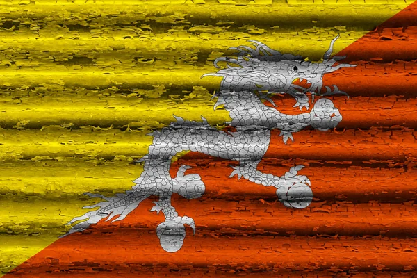 Bhútánská Vlajka Vlnitém Kovu Rezavým Povrchem — Stock fotografie