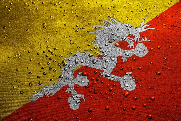 Zeď Pozadí Dekorativní Barevné Vlajky Bhútán Kapkami Vody — Stock fotografie