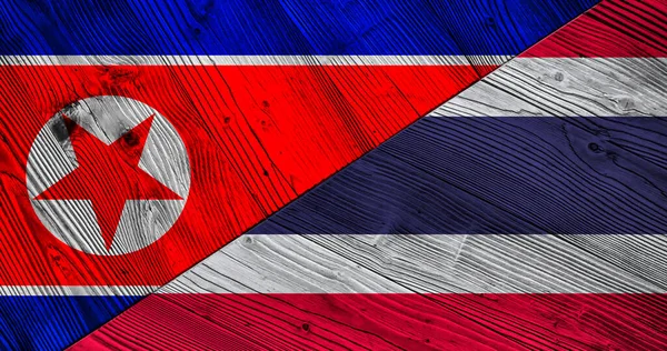 Dřevěné Pozadí Dekorativní Barevné Vlajky Severní Koreje Thajska — Stock fotografie