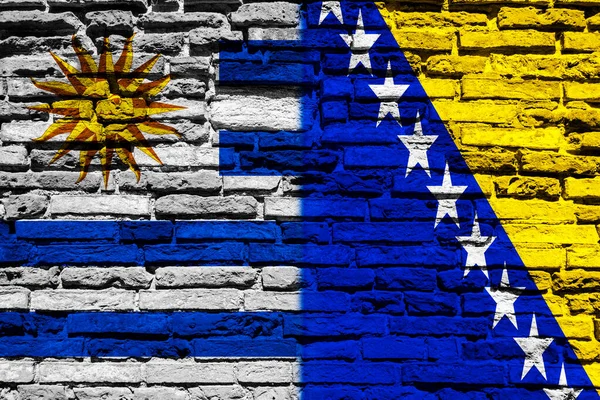 Banderas Uruguay Bosnia Herzegovina Muro Ladrillo —  Fotos de Stock