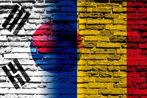 Sydkoreas Och Rumäniens Flaggstater Tegelvägg — Stockfoto