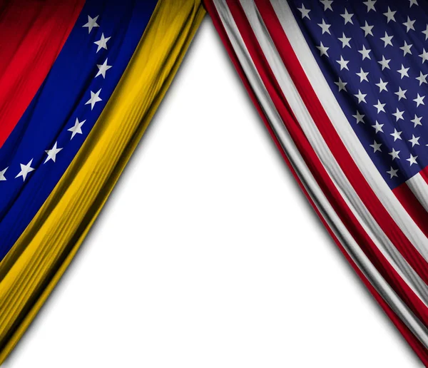 Flags of Venezuela and the United States of America with theater effect. 3D Illustration