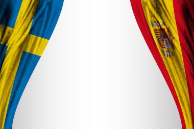 Tiyatro efektli İsveç ve İspanya bayrakları. 3B illüstrasyon