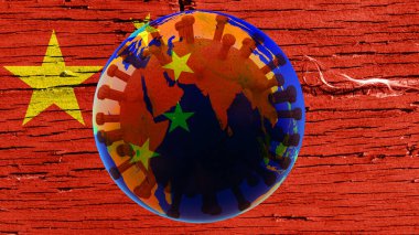 Coronavirus COVID-19 ve Çin bayrağıyla Asya kıtası