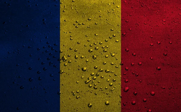 Muur Achtergrond Van Decoratieve Kleurrijke Vlag Van Roemenië Met Waterdruppels — Stockfoto
