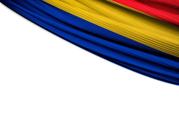 Bandiera Della Romania Drappeggio Con Sfondo Bianco — Foto Stock