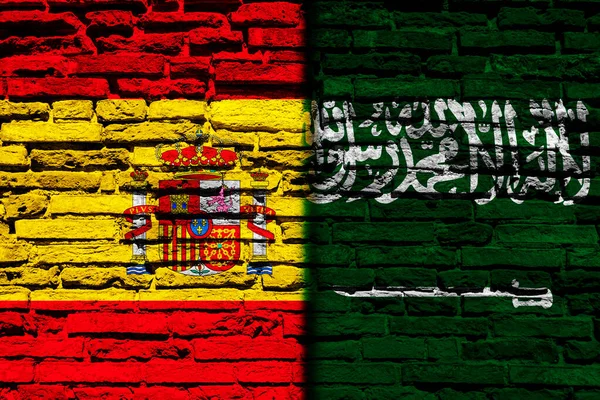 Flags Spain Saudi Arabia Brick Wall — Stock Photo, Image