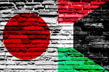 Tuğla duvarda Japon ve Kuveyt bayrakları