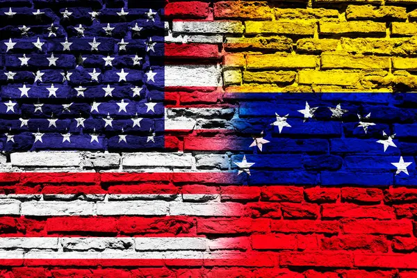 Прапори Сполучених Штатів Америки Венесуели Цегляній Стіні — стокове фото