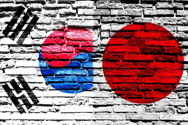 Bandiere Della Corea Del Sud Del Giappone Muro Mattoni — Foto Stock