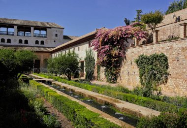 Granada 'daki Alhambra' daki Generalife Sarayı 'nın bahçesinden manzara. Ağustos 2016 Granada, Endülüs - İspanya