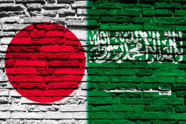 Tuğla duvarda Japon ve Suudi Arabistan bayrakları