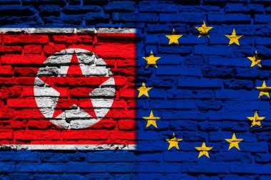 Tuğla duvarda Kuzey Kore ve Avrupa Birliği bayrakları