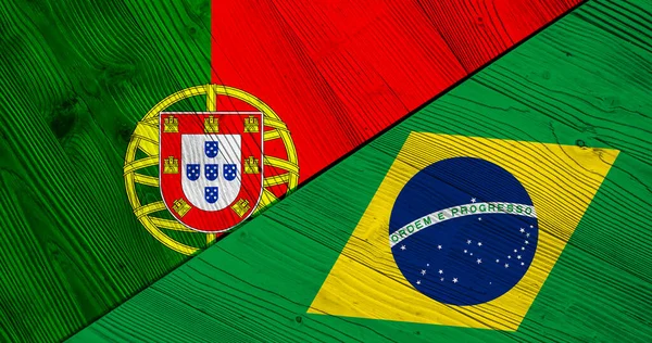 Houten Achtergrond Van Decoratieve Kleurrijke Vlaggen Van Portugal Brazilië — Stockfoto