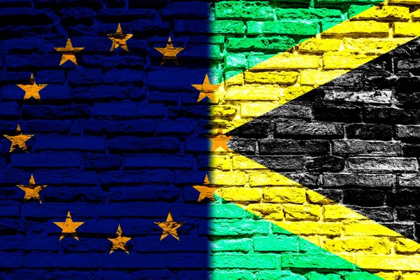 Banderas Unión Europea Jamaica Sobre Muro Ladrillo — Foto de Stock