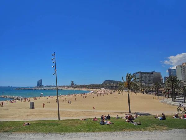 Άποψη Της Παραλίας Barceloneta Στη Βαρκελώνη Ιούνιος 2013 Βαρκελώνη Ισπανία — Φωτογραφία Αρχείου