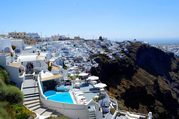 Acantilados Edificios Típicos Yeso Blanco Con Cielo Azul Santorini Grecia —  Fotos de Stock