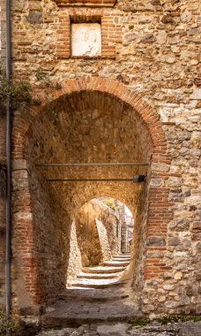 Fıçı kemerli tuğla veranda ve dini bir simge. Arqua Petrarca, Padua - İtalya