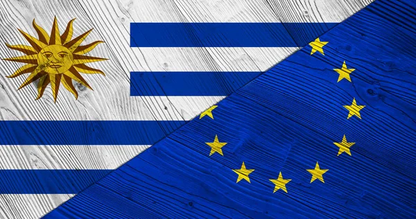Flaggen Uruguays Und Der Europäischen Union Auf Holzplanken — Stockfoto