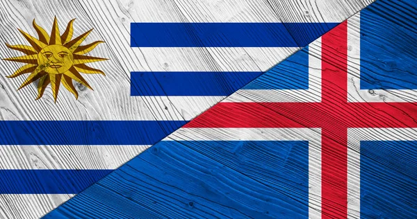 Uruguays Och Islands Flaggor Träplankor — Stockfoto