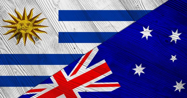 Uruguay Avustralya Bayrakları Ahşap Tahtalarda — Stok fotoğraf