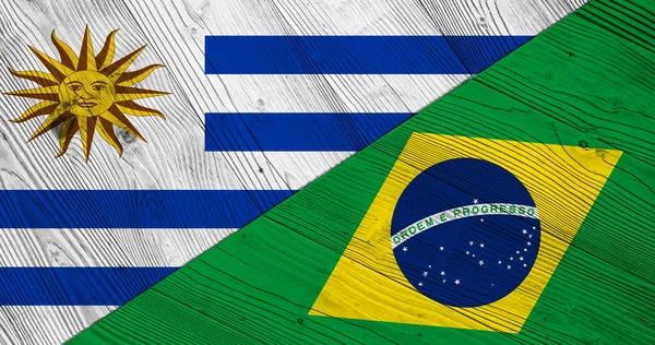 Uruguays Och Brasiliens Flaggor Träplankor — Stockfoto