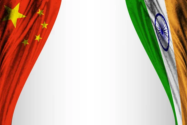 Tiyatro efektli Çin ve Hindistan bayrakları. 3B illüstrasyon