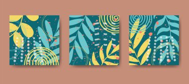 Soyut minimalist kartlar seti. Minimum şekiller, karalamalar, tropikal yapraklar ve çiçek arkaplan koleksiyonu. Moda tasarımı için vektör illüstrasyonu, modern poster, şablon