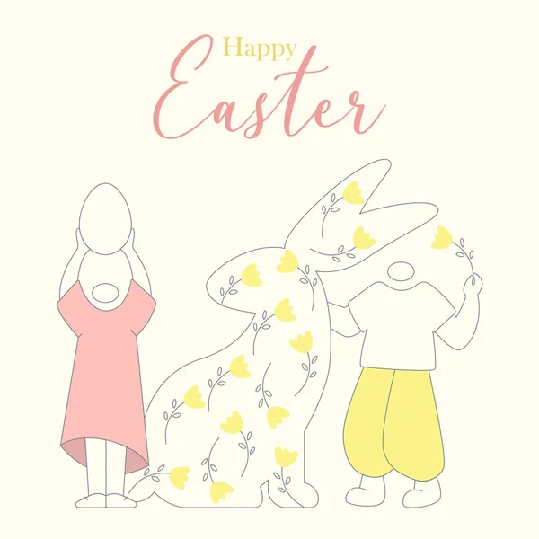 Happy Easter Greeting Card Easter Hunt Minimalistic Illustration Characters Vector — Stock Vector