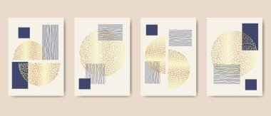 Bej ve altın dizayn şablonları. Geometrik şekilleri, altın dokuları ve çizgileri olan minimal ve lüks duvar sanatı. Tablo baskıları için duvar kağıdı tasarımı, poster, duvar dekorasyonu