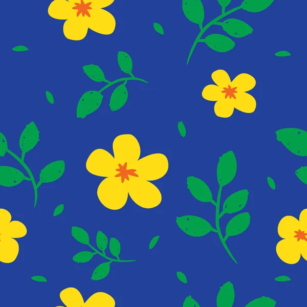 蓝色背景 绿叶的黄花图案 — 图库矢量图片
