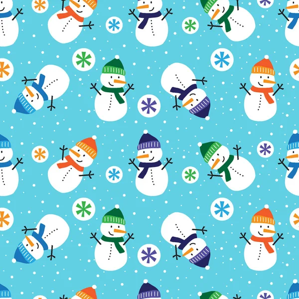 カラフルな帽子とスカーフのシームレスなパターンを持つ雪だるまライトブルーの背景 — ストックベクタ