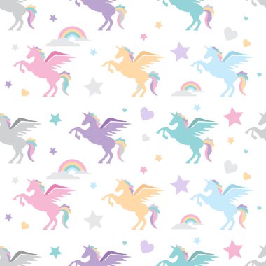  Gökkuşağı ve kalp şeklinde kusursuz şirin tek boynuzlu at çizgi filmi.