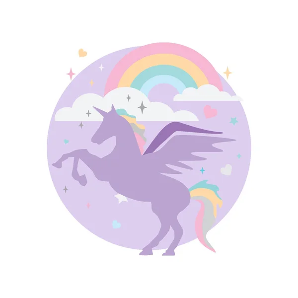 Lucu Unicorn Ungu Kartun Dengan Pelangi Dan Bentuk Bintang - Stok Vektor