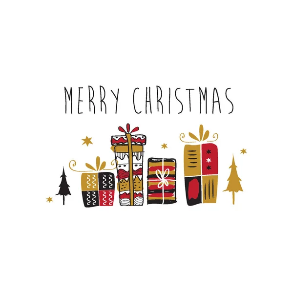 Hediye kutuları ve Noel ağacı süsleme vektörlü mutlu noel metinleri