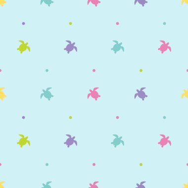 Yumuşak renkli, pürüzsüz desenli açık mavi arka planı olan şirin kaplumbağalar.