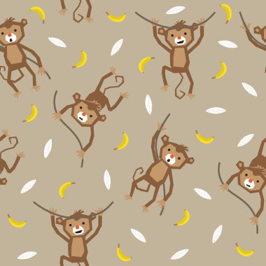  Kusursuz desenli, açık kahverengi arka planda, yaprak ve muz süslemeli şirin maymun.