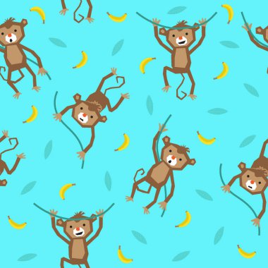 Kusursuz desenli, açık mavi arka planda, yaprak ve muz süslemeli şirin maymun.