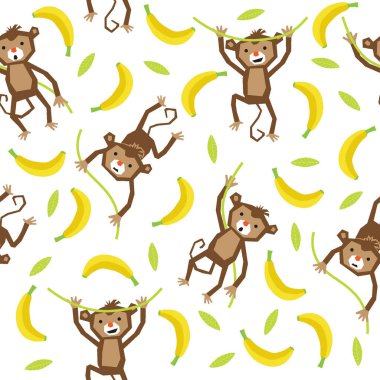  Kusursuz desenli beyaz arka planda, yaprak ve muz süslemeli şirin maymun.