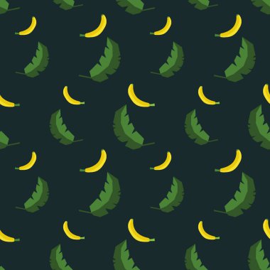 Kusursuz desenli yaprak ve koyu yeşil arka planlı muz meyvesi süsü.
