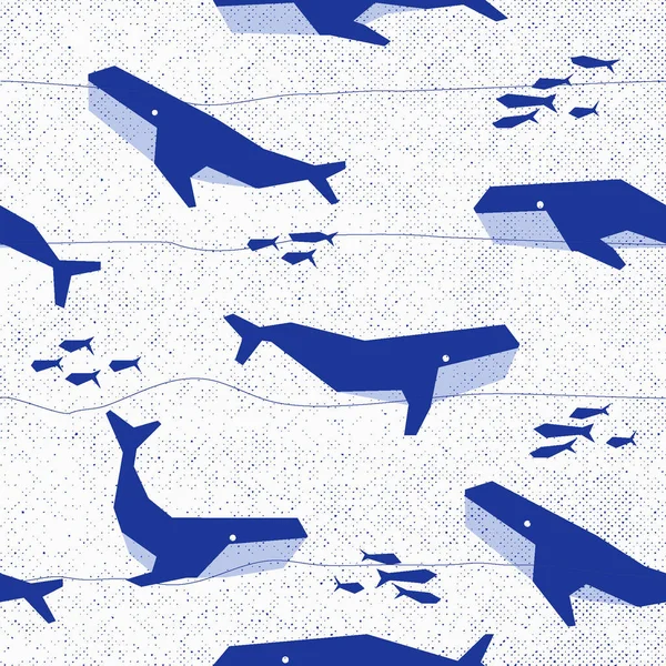 Bezszwowy Wzór Ciemnoniebieski Wieloryb Podwodnym Tle Fali Oceanicznej — Wektor stockowy