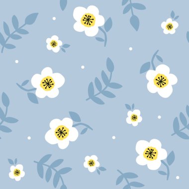  Kusursuz desenli güzel çiçek ve açık mavi arka planlı mavi yaprak.
