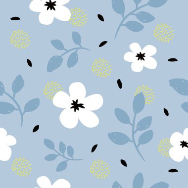  Kusursuz desenli güzel çiçek ve konfeti arkaplanlı mavi yaprak.